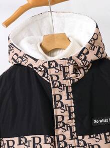 SHEIN Leap Crew 儿童青少年男孩休闲拼布印花连帽拉链加厚保暖长袖夹克派克大衣，冬季 - 彩色 - 查看 4
