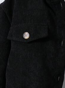 SHEIN 青少年女孩休闲纯色落肩宽松单排扣连帽衫和束腿灯芯绒裤套装，秋冬 - 黑色 - 查看 6