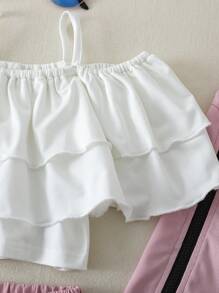 SHEIN Bộ 3 món/Bộ trang phục thời trang mới cho bé gái, Áo crop top cổ bèo nhún sang trọng thanh lịch phong cách Hàn Quốc, Áo sơ mi có dây đeo, Váy cạp cao, Áo khoác thể thao giản dị thời trang, Bộ quần áo dễ thương ngọt ngào - Hồng - Xem 6
