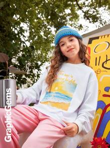 GraphicGems Bộ 2 áo thun dài tay cổ tròn in hình phong cảnh và quần nỉ cho bé gái tuổi mới lớn, quần áo mùa thu - trắng - Xem 4