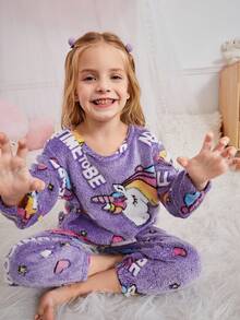 SHEIN Bộ đồ ngủ vải nỉ dài tay cổ tròn in chữ dễ thương cho bé gái/trẻ em, họa tiết kỳ lân hoạt hình, cầu vồng, mềm mại và thoải mái cho mùa thu/đông - Màu tím - Xem 6
