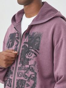 ROMWE MEN Goth Men's Vintage Graphic Print Hoodie Long Sleeve Zip-Up Sweatshirt - Red Violet - View 5