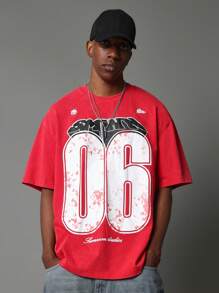 SUMWON Regular Fit Short Sleeve Washed Tee With Front Number Graphic Print - Red - View 1