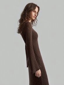 Ontre 2025 春季新款女装，舒适针织面料露背可调节肩带连衣裙，咖啡色休闲度假/返校长裙 - 咖啡棕 - 查看 5