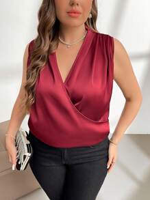 SHEIN Privé Blusa unicolor de cuello cruzado de satén - Granate - Ver 1