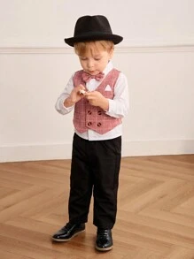SHEIN 3 pièces/Set Gilet à carreaux pour bébé garçon, chemise à manches longues blanche, ensemble de pantalon noir avec nœud papillon, tenue de gentleman pour les occasions de printemps/automne comme les fêtes, les mariages, le port quotidien et les séances photo - Multicolore - Voir 7