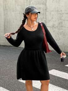 SHEIN EZwear Plus Size Solid Color Cinched Waist Sweater Dress, Autumn/Winter - Black - View 4