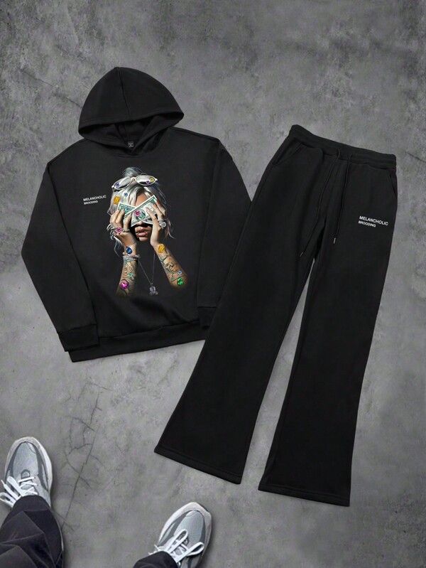Manfinity EMRG 2pcs/Set Men Plus Size Character Print Casual Hoodie Sweatshirt And Pants Outfit