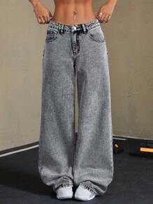 SHEIN ICON Pantalones largos de mezclilla con múltiples bolsillos y botones al frente, para uso casual diario - Gris - Ver 4