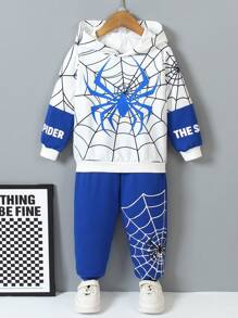 SHEIN 2pcs/Set Young Boy Cool Spider Print Casual Comfortable Hoodie And Pants Set, Spring & Autumn