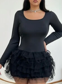 Allurite Plus Size Round Neck Long Sleeve Waist Fitted A-Line Contrast Mesh Black Dress - Black - View 1