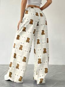 SHEIN EZwear 女士格子卡通熊印花抽绳腰阔腿休闲裤 - 杏色 - 查看 2