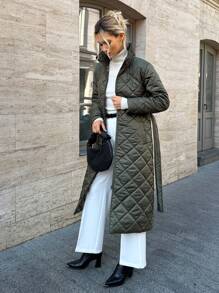 EURMUSE Solid Colour Padded Quilted Coat With Belt, Modern And Warm - Dark Green - View 8