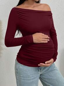 SHEIN 1st zwangerschaps effen kleur asymmetrische hals lange mouwen gerimpeld getailleerd T-shirt, herfst
