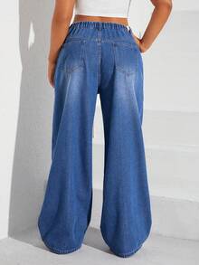 SHEIN EZwear Quần jeans ống đứng màu xanh lam không co giãn cho nữ cỡ lớn, mùa thu/đông - Màu xanh lam - Xem 2