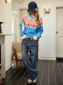 Femmeiva 1pc Nomadic Style Loose Fit Half-Turtleneck Colorblock Pullover Sweater, Knit Pullover Fall Winter - Blue - View 4