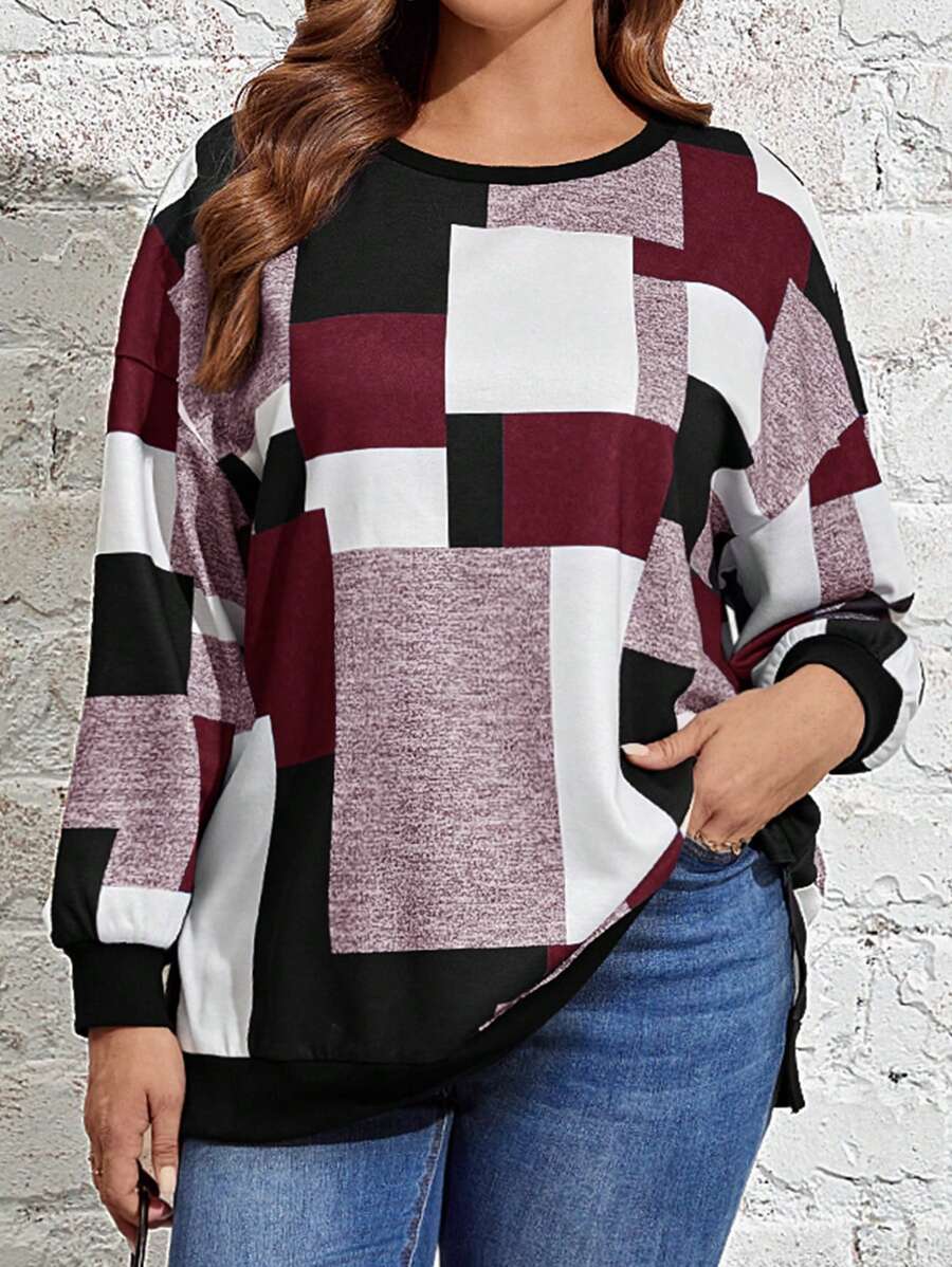EMERY ROSE Plus Size Women Casual Patchwork Print Drop Shoulder Loose Sweatshirt, Spring/Autumn - Burgundy - View 1