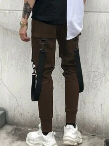 Manfinity LEGND Men's Flap Pocket Buckle Detail Drawstring Waist Loose Cargo Pants - Coffee Brown - View 2