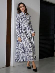 Aveloria 1pc Random Floral Print Button-Up Long Sleeve Pleated A-Line Dress For Women