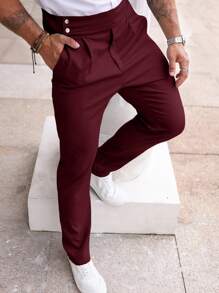 Manfinity Homme Quần ống đứng xếp ly túi trơn cho nam, quần công sở thường ngày - Màu Đỏ Sâu - Xem 3