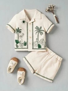 Souflis Souflis Conjunto de camisa de manga corta con bordado tropical y pantalones cortos de moda para bebé niño para vacaciones de primavera/verano