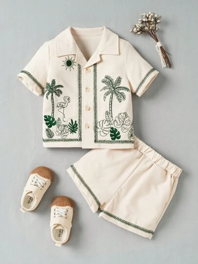 Souflis Souflis Baby Boy Fashionable Embroidered Tropical Short Sleeve Shirt And Shorts Set For Spring/Summer Vacation
