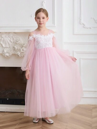 SHEIN 少女粉色圆领水溶性蕾丝长袖露背大蝴蝶结装饰仙女公主裙，适合少女生日派对、化妆舞会、派对、节日庆典、舞台表演圣诞礼服、万圣节礼服、感恩节礼服、派对舞会礼服、正式礼服、女孩选美礼服、返校节礼服、婚礼花童