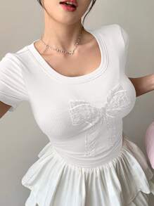 DAZY Women's Short Sleeve T-Shirt With Bow Lace Patchwork Going Out Tops Cute Tops - White - View 1