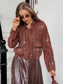 SHEIN Essnce Women's Red Jacket Fashion Sequin Embellished Cropped Long Sleeve Jacket, Autumn Winter Women Clothes Christmas Clothes Thanksgiving Clothes - Multicolor - View 1
