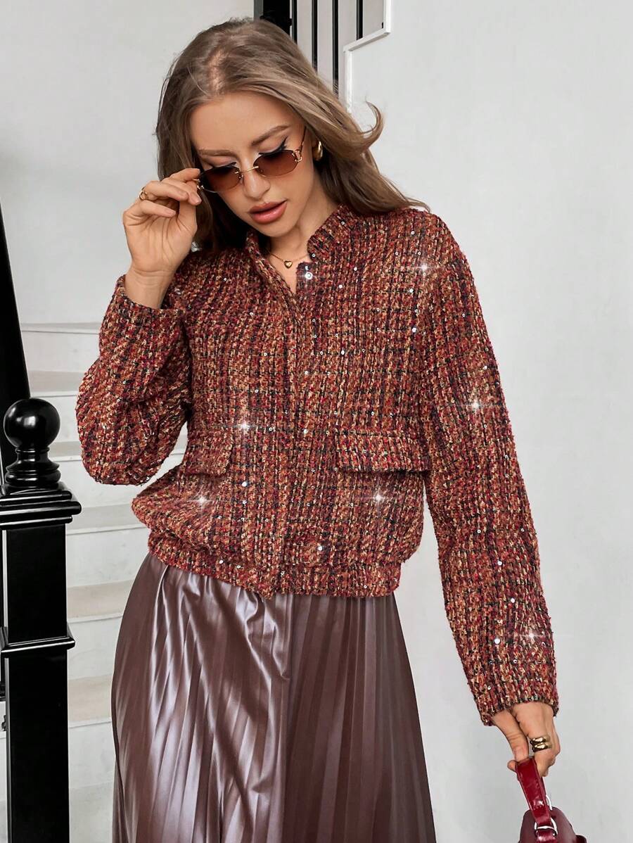 SHEIN Essnce Women's Red Jacket Fashion Sequin Embellished Cropped Long Sleeve Jacket, Autumn Winter Women Clothes Christmas Clothes Thanksgiving Clothes - Multicolor - View 1