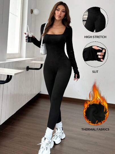 SHEIN EZwear 1 pieza Mono negro de ajuste ceñido con cuello alto, ropa deportiva casual, otoño