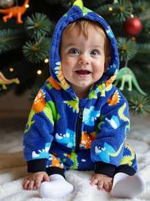 新生男宝宝可爱恐龙图案抓绒3D设计连帽拉链长袖连体衣，萌萌的恐龙风穿搭，适合室内外穿着 - 藍色 - 查看 3