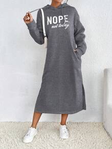 Chiquease Women Letter Graphic Drop Shoulder Long Sleeve Thermal Lined Hooded Long Sweatshirt Dress, Casual Autumn/Winter