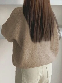 DAZY 女士纯色圆领长袖简约休闲毛衣，秋季女装 - 薑色 - 查看 2