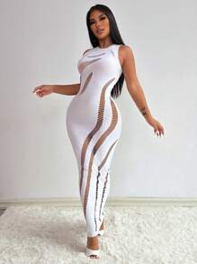VaVaBold Women Hollow Out Round Neck Sleeveless Bodycon Sexy Fashion Mesh Dress Maxi Women Outfit