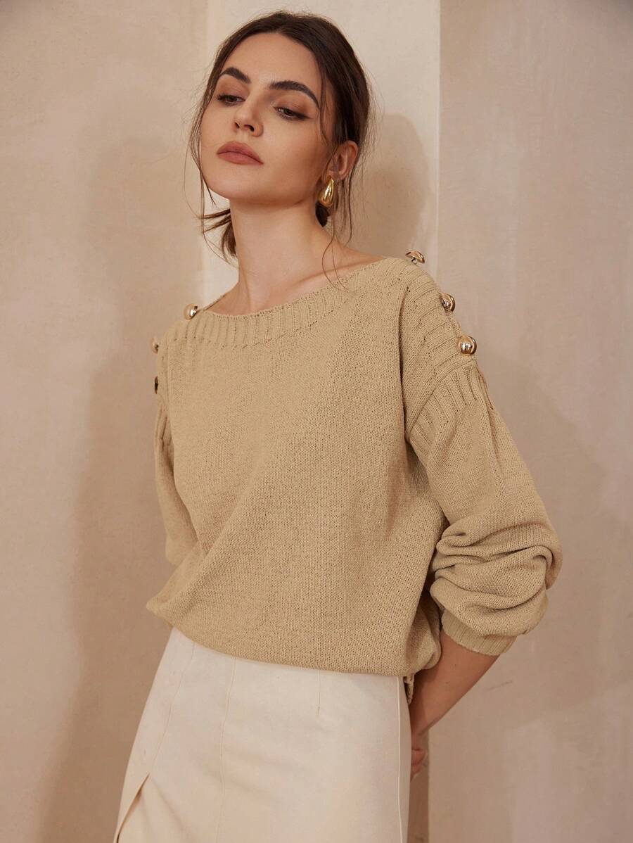 Femmeiva 1pc Women Metal Button Decor Knitted Pullover Sweater, Autumn, Fall Winter - Khaki - View 1