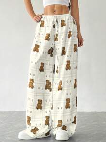 SHEIN EZwear 女士格子卡通熊印花抽绳腰阔腿休闲裤 - 杏色 - 查看 5