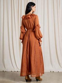 AiiRZ 波西米亚风卢勒克斯饰面 V 领荷叶边细节长袖束腰超长连衣裙 - 橘色 - 查看 2