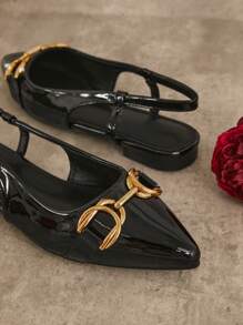 SHUZIA 黑色、漆皮、装饰、露跟、平底、尖头、舒适 - 黑色 - 查看 6