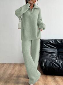 Flirla 2pcs Loose Casual Solid Color Collared Long Sleeve Top And Pants Knit Sweater Set - Green - View 3