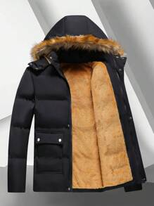 Manfinity Homme 男式纯色长袖衬里毛茸茸拼接连帽棉服外套，冬季 - 黑色 - 查看 3