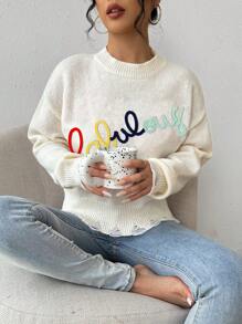 SHEIN Unity Women's Crew Neck Letter Embroidery Casual Loose Knit Sweater Knit Pullover Fall Winter - Beige - View 8