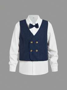 3pcs/Set Kids/Tween Boys College Style Uniform Vest, Solid Color Lapel Long Sleeve Shirt With Necktie, And Straight Solid Color Pants, Gentleman Suit Set - Multicolor - View 4