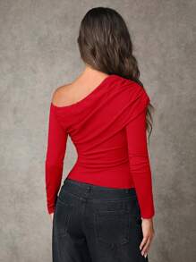 SHEIN BAE 1 Áo thun dài tay xếp ly màu trơn đơn giản cho nữ, mặc thường ngày - Đỏ - Xem 2