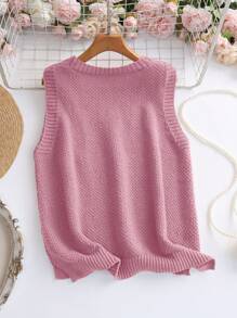 SHEIN LUNE Women's Casual V-Neck Small Pocket Pink Knitted Sweater Vest