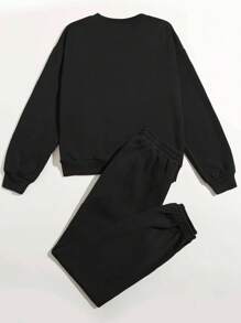 Flirla Set informal de 2 piezas de talla grande con top de manga larga y cuello redondo y pantalones, con estampado de letra en un estilo minimalista