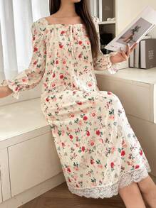 Dream Adore Cute Cartoon Pattern Flared Long Sleeve Nightgown Babydoll, Summer Holiday Season - Apricot - View 1