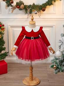 SHEIN Đầm công chúa Giáng sinh dễ thương cho bé gái, cổ xếp nếp lưới màu đỏ tương phản, tay dài, thắt lưng, mùa thu/đông - Đỏ - Xem 9