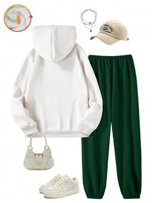 Bộ 2 món - Áo nỉ có mũ và quần nỉ cho bé gái tuổi teen, họa tiết in sống động, thoải mái và phù hợp cho trang phục thể thao thường ngày, mùa thu/đông. - Nhiều màu - Xem 2