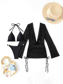 SHEIN SXY Summer Beach Sheer Bikini Set Pearl Decor Halter Triangle Bra & V-String Bottom & Cover Up Dress 3 Piece Bathing Suit